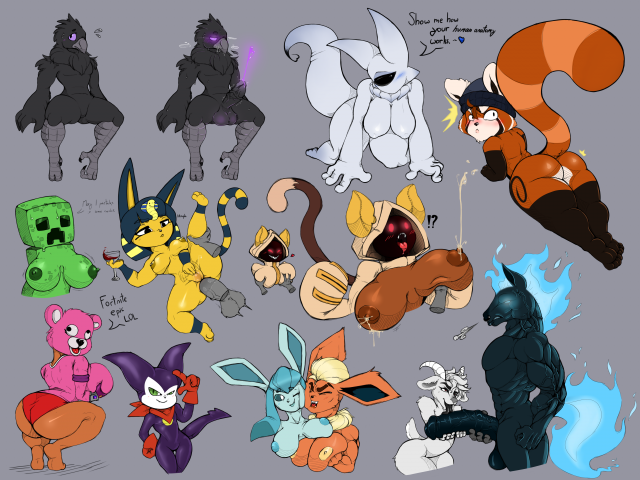 ankha+creeper+cuddle team leader+eeveelution+flareon+glaceon+impmon+taokaka